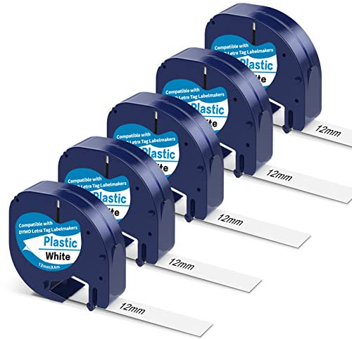 5 X Madhurlabels Kompatibel mit Dymo Letratag Etikettenband, Kompatible für Dymo Etikettenband, 91221 Schwarz auf Weiß 12mm x 4m für Beschriftungsgerät LT-100H LT-100T
