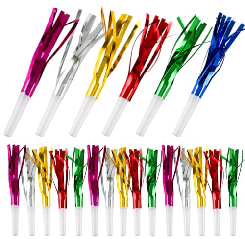 24 Partytröten Krachmacher Kinder,Tröte Luftrüssel Pfeifen mit Glitzerfransen Luftschlangen,Mitgebsel Kindergeburtstags Faschingsdeko Partytütenfüller Gebläse,Blasrüssel Spielzug ab 2 3 4 5+Jahre