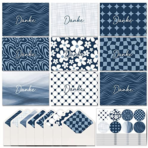 BIROYAL Dankeskarten | 96 Danke Karten mit Umschlägen & 104 Aufklebern | Dankeschön Geschenke | 8 Blaue Designs | Blanko Dankeschön Klappkarte Hochzeitsgeschenke Karte Muttertag Vatertag Jahrestag