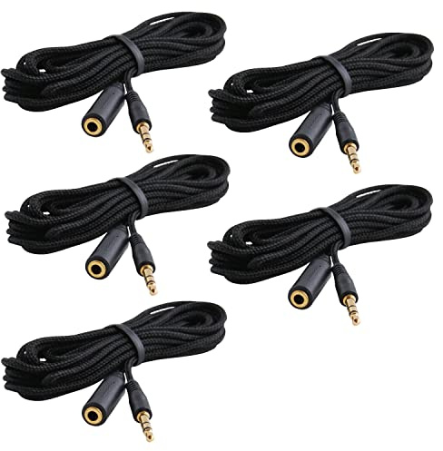 JacobsParts 10-Foot 3.5mm 1/8 Stereo Audio Aux Headphone Cable Extension Cord Male to Female with Cloth Jacket (5-Pack)