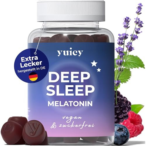 YUICY Melatonin Gummies – 60 Stk. Extrem Leckere & Zuckerfreie Gummibärchen zum Einschlafen - 0,5mg Melatonin Hochdosiert & Vegan - Bewährte Einschlafhilfe Erwachsene - Deep Sleep