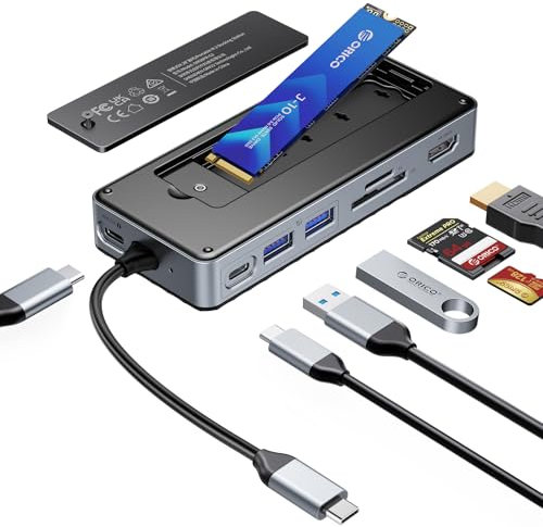 ORICO 8-in-1 USB C Docking Station mit M.2 SSD Gehäuse, USB C Hub mit M.2 NVMe/SATA SSD, 10Gbps, 4K@60Hz HDMI, 100W PD, SD/TF Kartenleser,15cm Kabellänge -OM28P