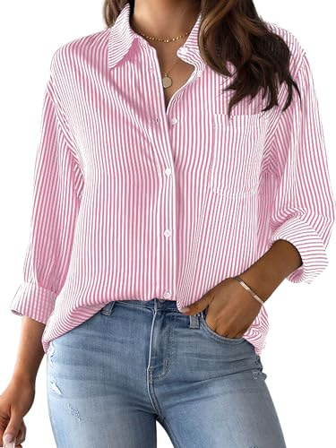 CUNLIN Pink Button Up Striped Shirt Women Long Sleeve Blouses for Dressy Casual Collared Light Down Shirts Womens and Tops Pink Size M