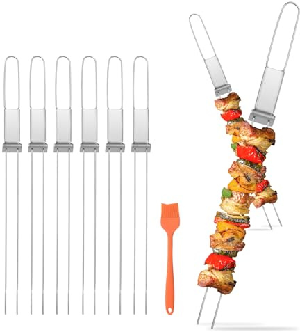 Lucalda Skewers for Grilling - 13 Kabob Skewers with Push Bar Double Pronged Anti-Roll Metal Skewer for Kabobs, Stainless Steel Reusable BBQ Skewer for Grilling,Ideal for Meat Shrimp Vegetable 6pcs