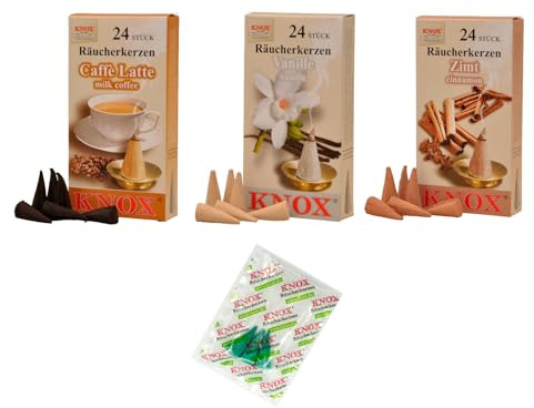KNOX Coni di incenso – Set di 3 pezzi di latte alla vaniglia con cannella – Profumi: Caffe Latte, vaniglia, cannella, quantità: 72 Inclusive 3 coni di incenso come campioni di profumo Marine briese –