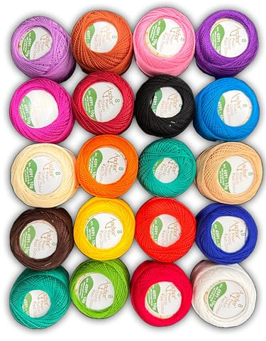 Pack of 20 Rainbow Anchor Pearl Cotton Balls Anchor Crochet Cotton Embroidery Thread Balls Size 8 (85 Meters Each) Assorted Coloured