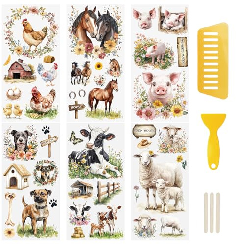WANDIC 6PCS Animal Rub On Transfer Sticker, Farmhouse Flower&Animal Shed Decal for Home Party Present Packaging DIY Scrapbooking Albums Windows Furniture Decor,15 * 30cm
