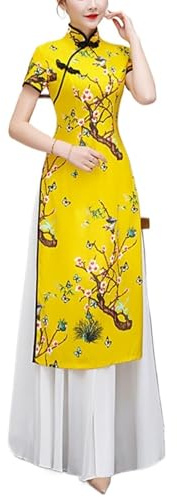 SXTYYH Ao Dai Vietnamese Chinese Traditional Dress Fashion Long Chinese Costume for Women Qipao Print Cheongsam Dress(Yellow,3XL)