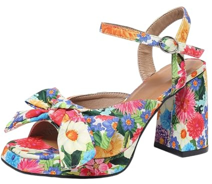 Women's Floral Platform Heels - Chunky High Heels with Bow Detail, Adjustable Ankle Strap Sandals for Dressy and Casual Occasions (Floral, Adult, Women's, 9, Digital, US Shoe System, Medium ())