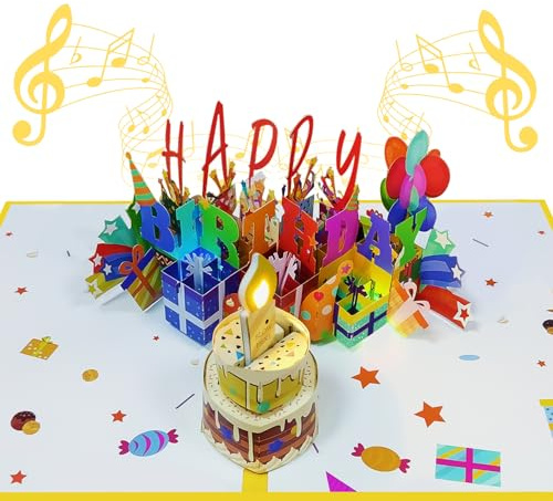 Cartes d'anniversaire musicales avec lumière et musique, cartes pop-up d'anniversaire 3D pour hommes et femmes - joue la chanson à succès 'Happy Birthday' (couleur)