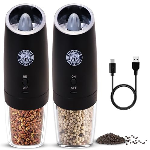 Home Vista Electric Salt and Pepper Grinder Set, Automatic Pepper Mill, USB Rechargeable, One-Handed Operation, Refillable, Auto Grinders for Arthritis Hands, BLK
