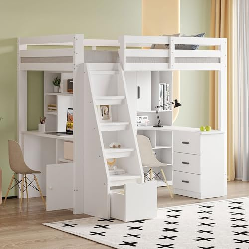 MSMOK Cama alta 90 x 200 cm, cama individual juvenil, con espacio de almacenamiento, escalera de seguridad, marco de madera maciza, armario con espacio de almacenamiento (blanco + cama alta + mesa de