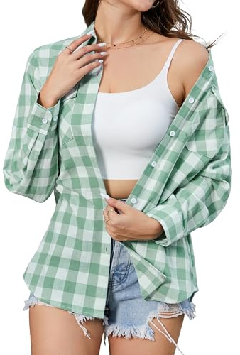 Stamain Camicia a Quadri Donna Verde Manica Lunga Button Down Camicia Scozzese Donna Cotone Camicetta Top Arrotolare Casual Classico Ufficio Party con Tasche M