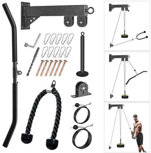 Wall Mounted Pulley System, Low Cable Machine Pulley System for LAT Pulldown, Biceps Curl Home Gym Equipment with Fitness Pull Down Bar, Tricep Rope