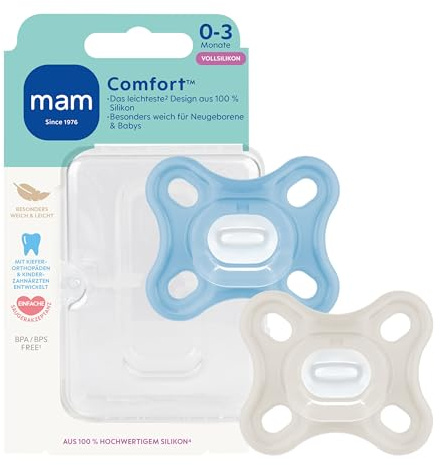 MAM Comfort Schnuller | 0-3 Monate | Schnuller für Frühgeborene und Neugeborene | stillfreundlicher Babyschnuller | besonders klein & leicht | extra sanft | 100% Silikon | blau/beige | 2 Stück
