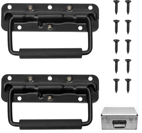 Juyibaao Lot de 2 poignées pliantes en acier inoxydable noir - Poignée de transport pliable avec vis - Poignée de transport robuste pour boîte à outils, boîtier d'appareils, caisse de transport et