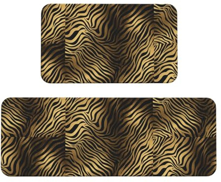 Gold Zebra Print Kitchen Rugs Set of 2, Cushioned Anti-Fatigue Kitchen Mats for Floor, Waterproof Comfort Standing Mat Absorbent Velvet Kitchen Runner Rugs 17x30+17x47