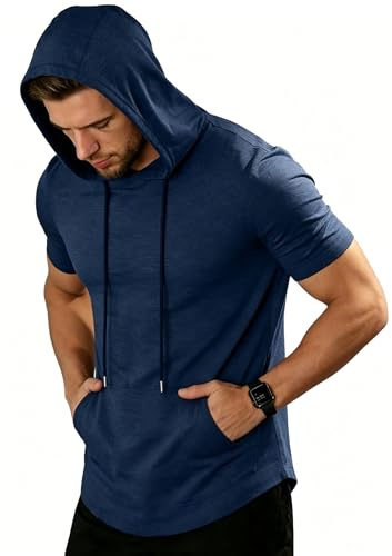 ZITY Men's Short Sleeve Hooded T‑Shirt Muscle Fit Workout Gym Pullover Top Lightweight Summer Athletic Shirts with Pocket for Running Hiking M-3XL