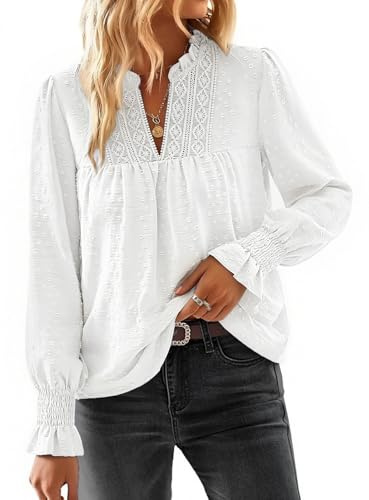 Fashora Women Tops Long Sleeve V Neck Blouses, Autumn | Sweet, Pleated Puffle Ruffled Sleeve, Loose Fit, Elegant, Ladies Shirts, Spring, Summer, Autumn