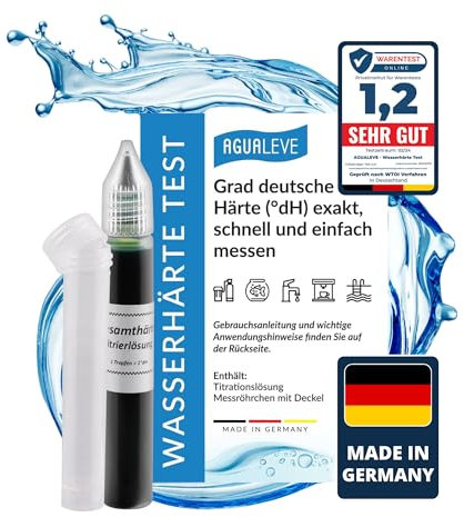 AGUALEVE Wasserhärte Test - Die Nr. 1 - Deutsche Grad Härte (°dH) schnell und einfach messen - misst exakt bis 24 °dH - Made in Germany - 25 – 200 Messungen, je nach Härte - 1x 15ml