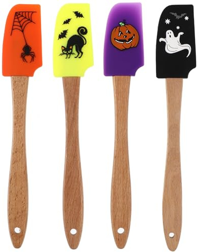 Doitool Lot de 4 spatules en silicone pour Halloween avec manche en bois et spatules en silicone pour la cuisine (fantôme + chat noir + citrouille + araignée)