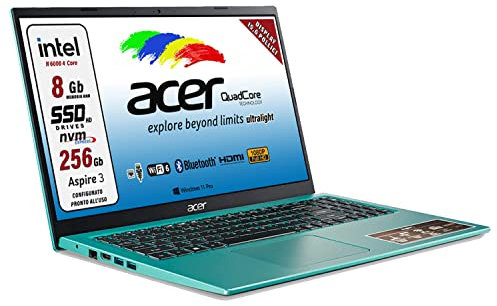 acer Notebook ultraleggero Intel N 6000 4 Core, SSD M2 PCi 256Gb, Ram 8 Gb DDR4, Display FHD da 15,6, Web cam, Usb, hdmi, bt, lan, wi-fi, Win 11 Pro, Libre Office, Pronto all'uso Gar. Italiana