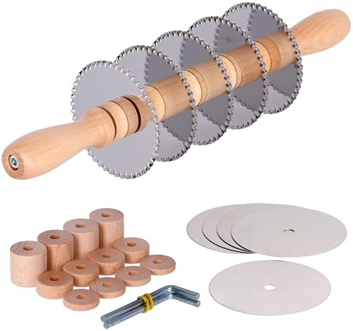 Rullo tagliapasta regolabile | Taglia sfoglia professionale con 5 lame lisce + 5 lame dentate in acciaio INOX e distanziatori