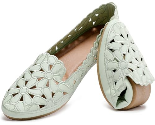 HEAWISH Women's Floral Ballet Flats Slip On Dress Shoes, Light Green, 8