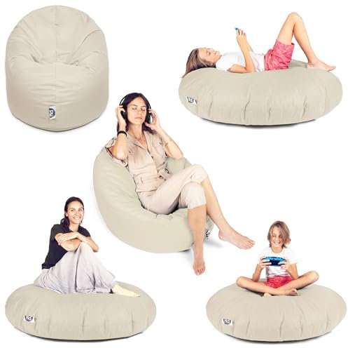 PATCH HOME Sitzsack 2 in 1 Sitzkissen Bodenkissen für Erwachsene & Kinder - Gaming mit Füllung Kissen Sessel BeanBag (Ø 125cm, Creme)