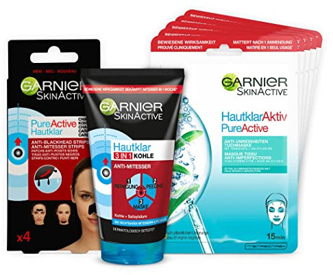 Garnier Juego de limpieza facial para puntos negros SOS – Hautklar antiespinillas, gel de lavado 150 ml + antiespinillas, tiras nasales con carbón activo + paño transparente de aceite de árbol de té