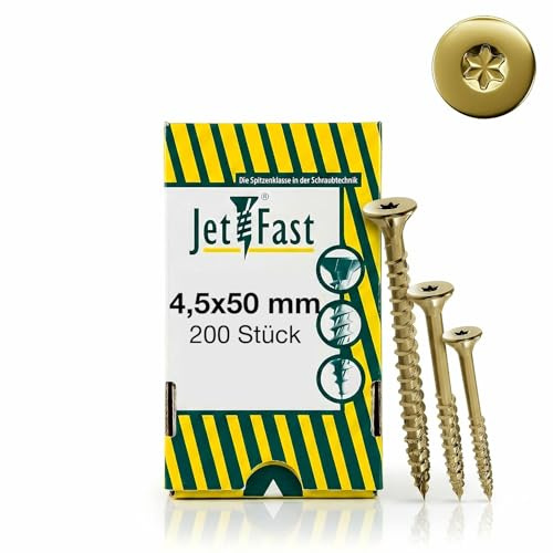 Jet-Fast Premium Universalschrauben 4,5 x 50 mm, 200 Stück, Duo-Senkkopf, Selbstbohrspitze, Teilgewinde, TX, Gelb Verzinkt, Holzschrauben, Spanplattenschrauben, Cut-Spitze, German Quality