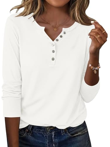 WNEEDU Camiseta Manga Larga Mujer Jersey Ligera Henley Camisas Cuello V Casual Blusa con Botones