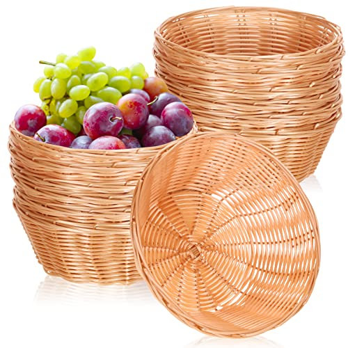 Zopeal 12 Pcs 7'' Woven Bread Baskets Bulk Plastic Round Woven Small Baskets for Gifts Empty Bread Serving for Food Fruit Easter Kitchen Restaurant Centerpiece Display Christmas