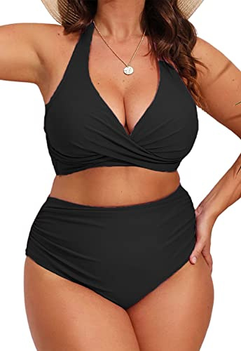 Yutdeng Costume da Bagno Donna Due Pezzi Taglie Forti Bikini Scollo a V Halter Regolabile Swimwear Vintage Ruched Costumi Mare Senza Schienale Controllo della Pancia Swimsuit Nero 4XL