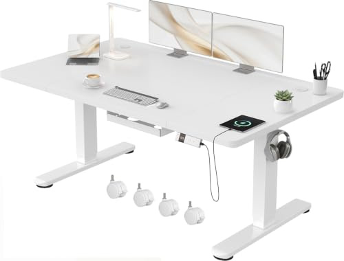 Devoko Scrivania Regolabile in Altezza 140x80 cm Bianco Ufficio con Ruote | Gestione cavi e Type-C, 4 livelli memoria, anticollisione, Regolazione fluida, silenziosa, ergonomica per ufficio e casa.
