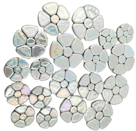 500 g casuali fiore iridescente ceramica mosaico per artigianato fai da te, 3 pezzi di mosaico di dimensioni per opere d'arte, cornici per foto, tazze, vasi di fiori, vasi, fare pietre (bianco)