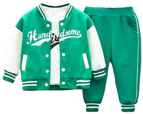 Freebily Gymnastikdräkt för barn, pojke, nyfödd, 3 delar, basebolljacka, t-shirt och byxor med sidofickor, sportkläder, 6 månader-5 år, Grön, 9-12 mesi