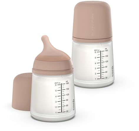 Suavinex, Pack 2 Zero anti-koliska flaskor, anpassningsbar flödesnapp (A) i silikon, spädbarn +0 månader och nyfödda, specifik amning, amning, amning och pulver, 180 ml, medium | Minimerar flaskavvisning och förvirring av bröstvårta, perfekt för amning och kombomatning, anpassningsbart flöde, BPA-fri