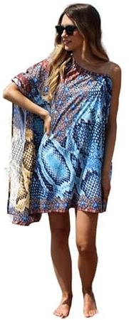 Trillion London Caftano Corto Stampato Blu|per Donne|Abbigliamento da Spiaggia, Maxi Vestito|Poliestere|Tessuto Morbido e Leggero|Abbigliamento da casa per Le Vacanze|Adatto alla Taglia UK dalla 6-14