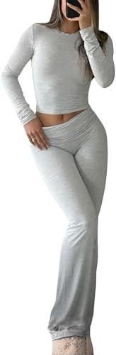 YETOWA Y2K 2 Piece Outfits Tummy Control Long Sleeve Crop Top High Waisted Flare Pants Soft Knit Lounge Set