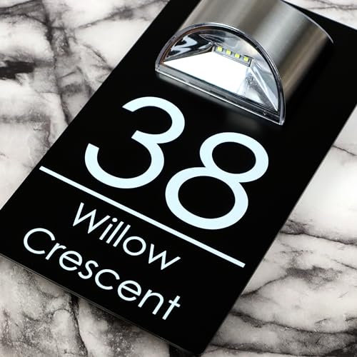 K Smart Sign | Exalted LED F2728 | House Numbers Plaques With Solar Light House Signs Door Number For Wall With Light Name Plaques For Outside (Matt Black & Modern Font)