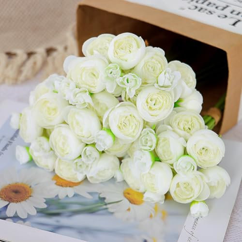 SOMYTING Lot de 18 fleurs artificielles en soie - Bouquet de roses blanches - Bouquet de mariée - Arrangement floral pour maison, jardin, vase, mariage, mariée (blanc)