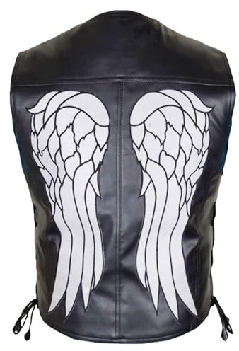 MERCH ATTIRE Daryl Dixon - Chaleco de piel sintética para hombre, diseño de alas de ángel, Negro - piel sintética., XS