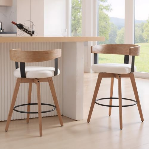 DUOMAY Swivel Bar Stools Set of 2, 26 Counter Height Bar Stool with Footrest Modern Wood Barstools with Linen Upholstered Seat Counter Stools for Kitchen Island Home Bar, White