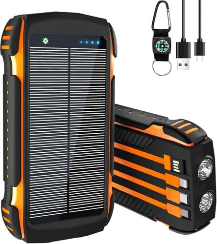 Chargeur solaire 56800 mAh et 65 W avec 4 câbles intégrés, entrée/sortie USB-C, charge rapide, double lampe de poche lumineuse pour camping en plein air, pour iPhone Android