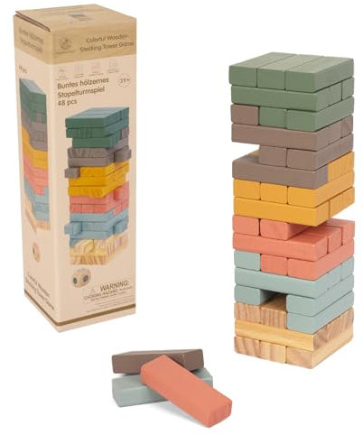 WOODENFUN 48 pezzi di torre impilabili in legno colorato con cubo per feste, gioco a torre di legno, adatto per bambini 3+, 8 x 8 x 28 cm (colore )