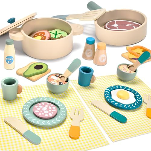 Aragallant Cocina de Juguete para Niños de Madera, Cocina Accesorios Juguete, Juego de Ollas y Sartenes Madera, Chef Juego de rol con Accesorios Cocinita para Niños 3+ Años Regalos