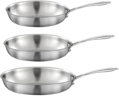 CUISINOX - Gourmet - Lot 3 poêles triply tout inox 24-28-32 cm avec poignée fixe - Compatible tous feux - Acier Inox 18/1 - Finition Satinée - Sans PFAS, PTFE, PFOA - Made in France