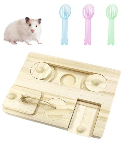 FDGGT 1 Mangeoire en Bois pour Hamster, 3 Cuillères À Sable De Nettoyage, Jouet De Recherche De Nourriture Interactif Amusant, Mangeoires Créatives, Jouet pour Hamster