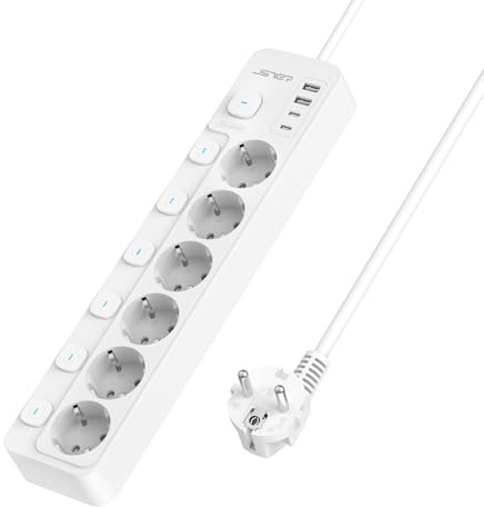JSVER Regleta con Conmutación Individual, Enchufe Múltiple de 6 Tomas con 2 USB C&2 A, Regleta USB C(3680 W 16 A) para Oficina, Hogar o Viajes, Cable de 2 m